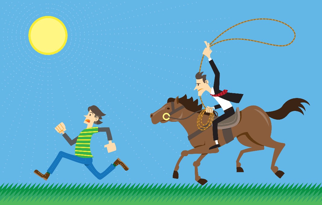 A cartoon of a business man on a horse chasing after a runner